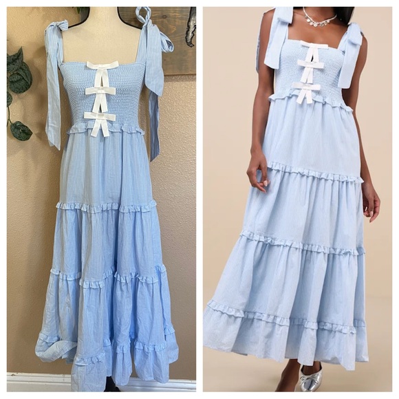 Lulus Dresses & Skirts - NWOT Sister Jane Kansas Blue Striped Tiered Smocked Tie-Strap Bow Midi Dress